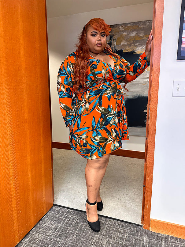 Plus Size Corporate camouflage lighter weight wrap dress.